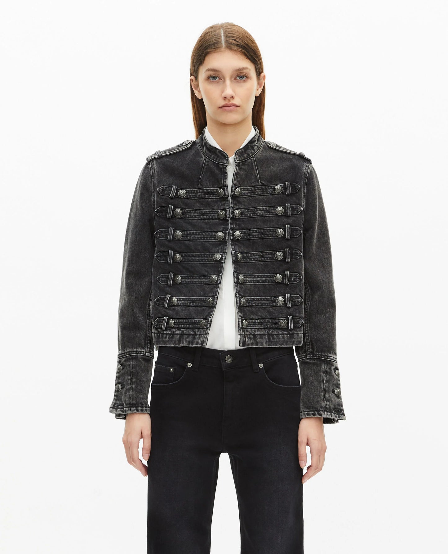 Grey Denim Officer-Style Jacket